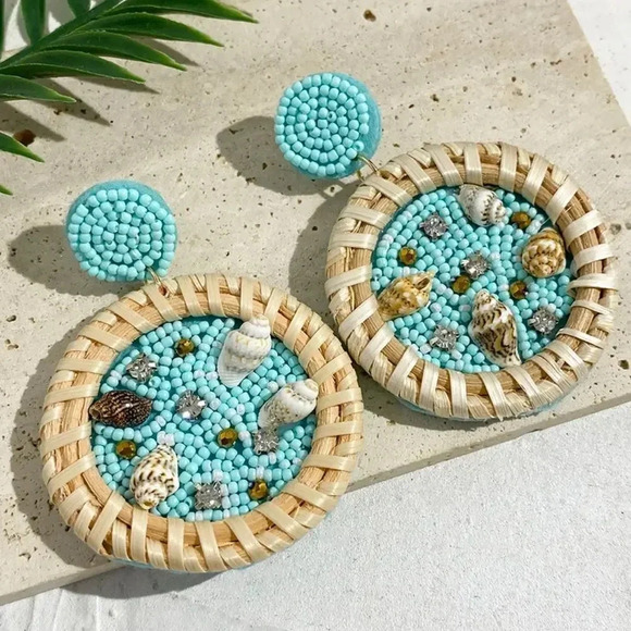 Anthropologie Beach Circle Seashell Rattan Earrings Brand New - Picture 1 of 10